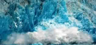 Image: blue polar ice caps surrounded by wisps of clouds.