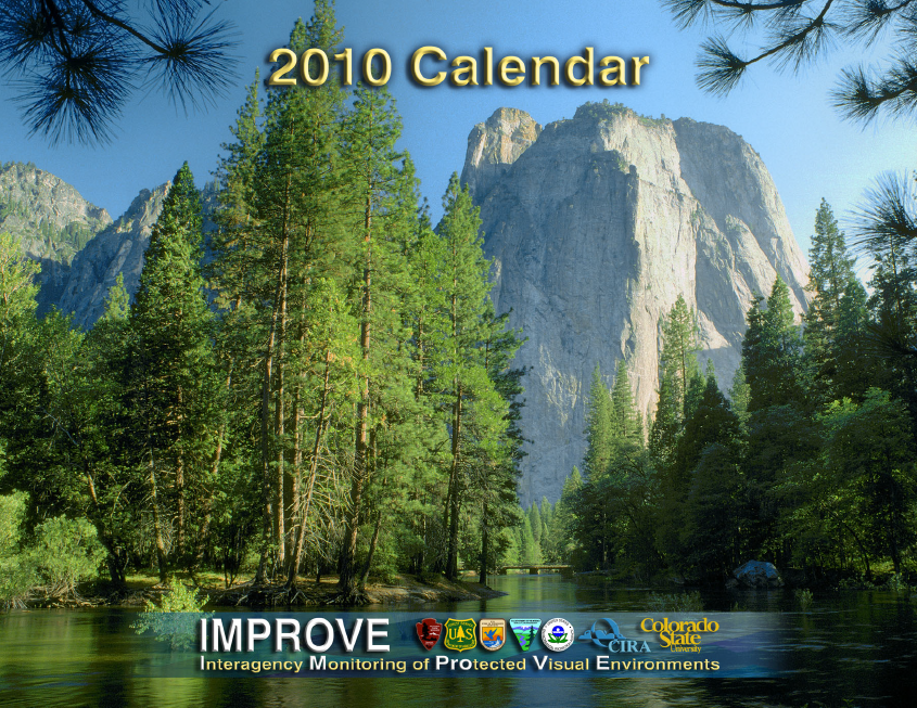 Image: large coniferous trees, a stream, and a sharply jutting high peak at Yosemite National Park, California.