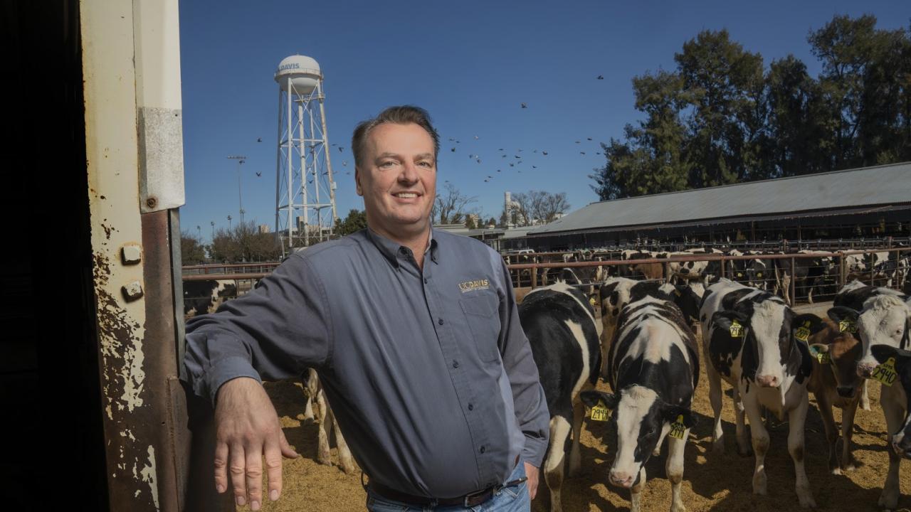 Dr. Frank Mitloehner, UC Davis  Image: Dr. Frank Mitloehner stands in front of a herd of cattle at UC Davis.